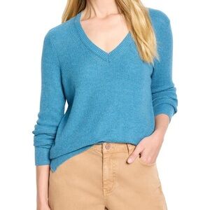 NIC+ZOE Sweater V-Neck Pull Over Waffle Long Sleeve Cool Blue Women M-L Aqua